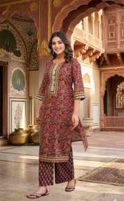 Maroon Garden 2 Piece set Jaipur Cotton Kurti With Palazzo set . Pure Versatile Cotton. | Laces and Frills - Laces and Frills