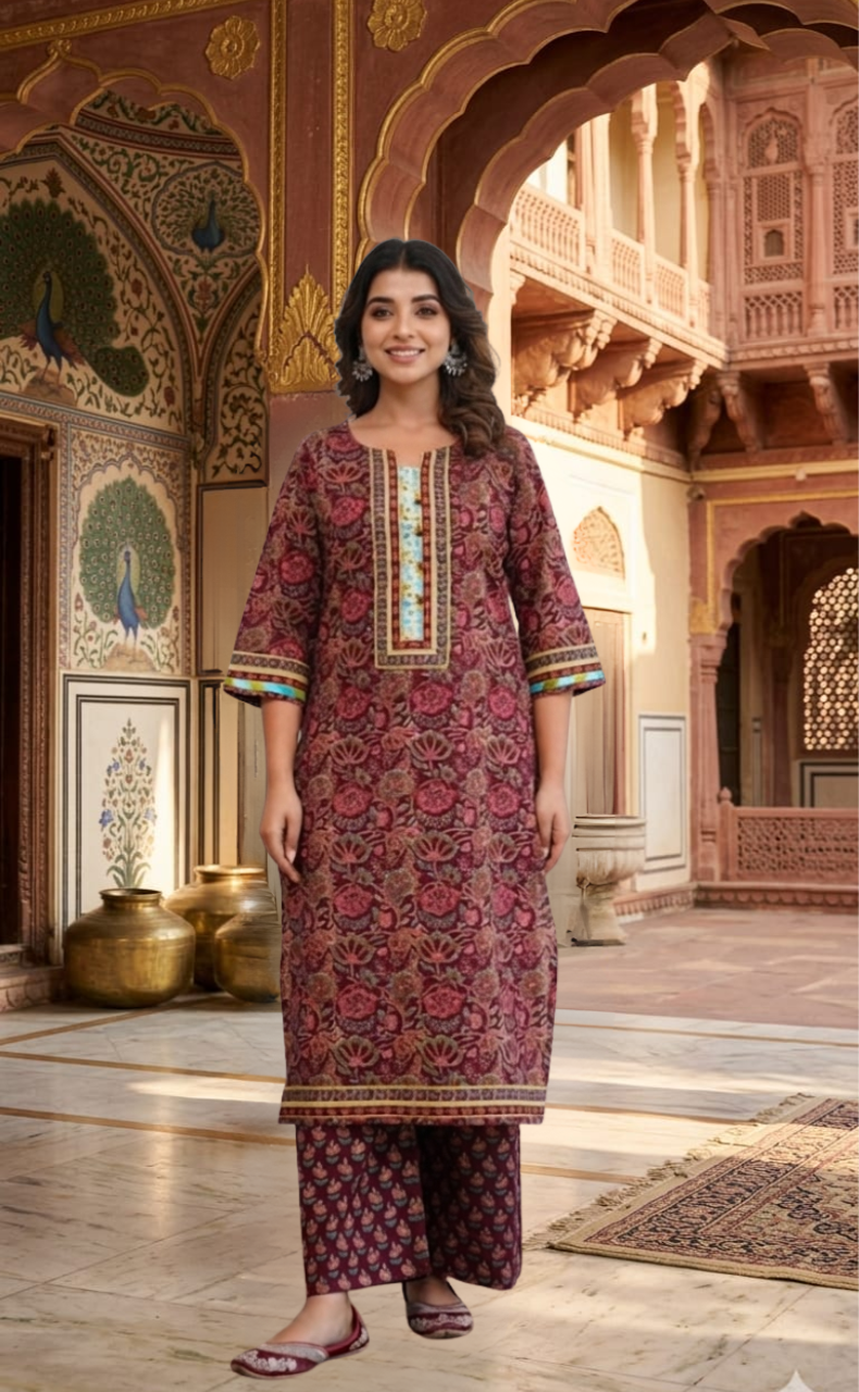 Maroon Garden 2 Piece set Jaipur Cotton Kurti With Palazzo set . Pure Versatile Cotton. | Laces and Frills - Laces and Frills