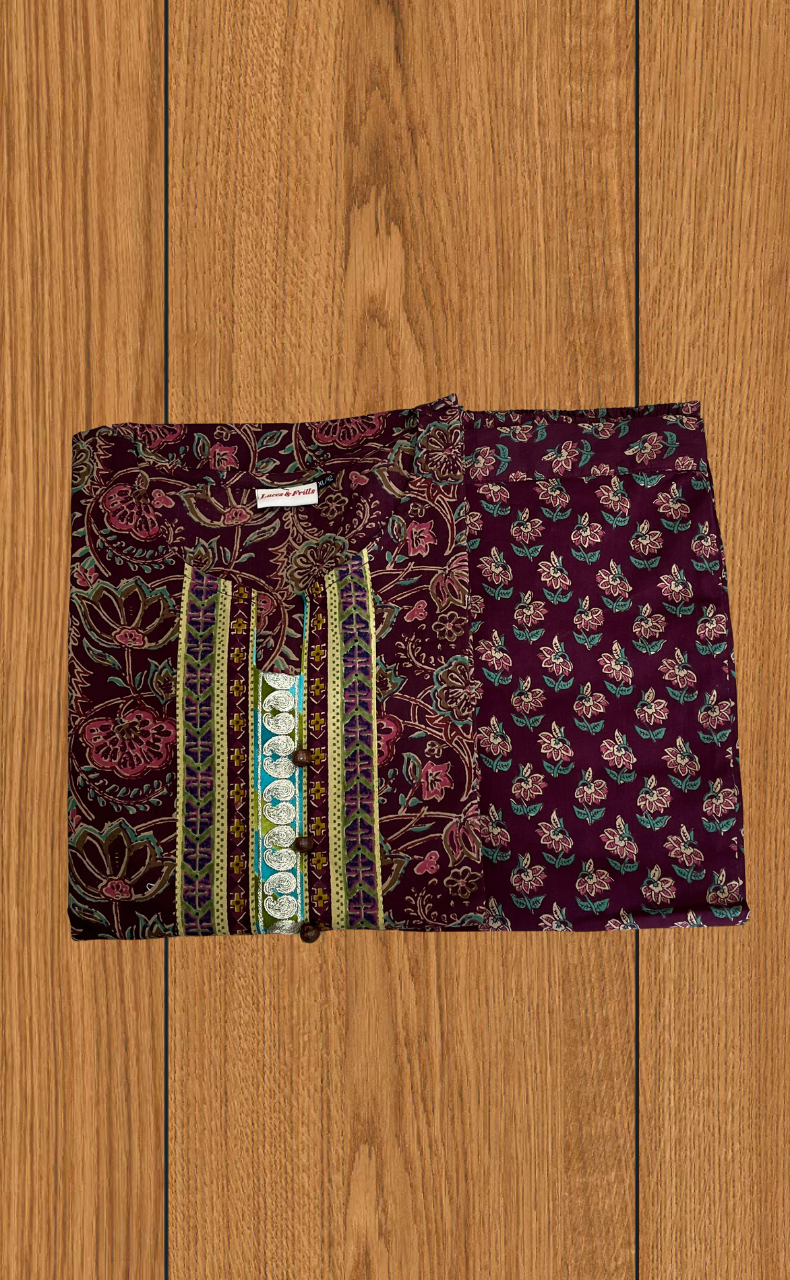 Maroon Garden 2 Piece set Jaipur Cotton Kurti With Palazzo set . Pure Versatile Cotton. | Laces and Frills - Laces and Frills