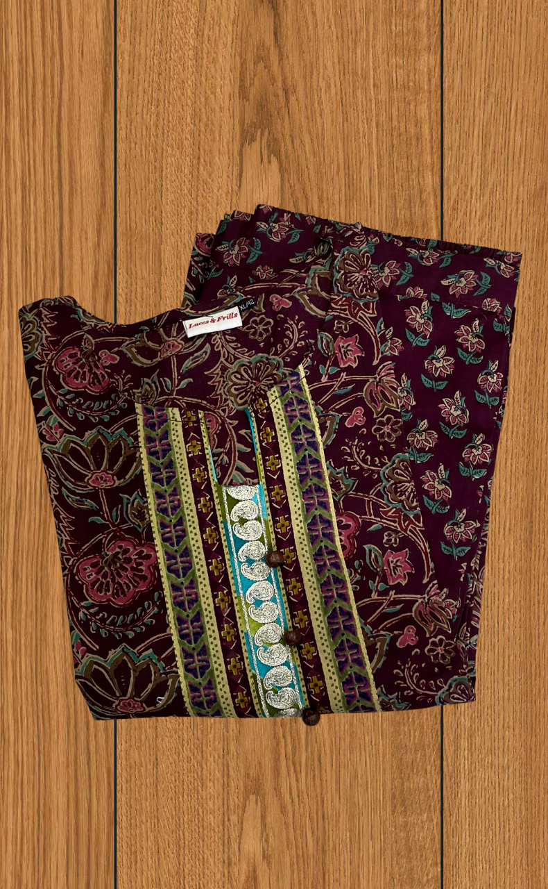 Maroon Garden 2 Piece set Jaipur Cotton Kurti With Palazzo set . Pure Versatile Cotton. | Laces and Frills - Laces and Frills