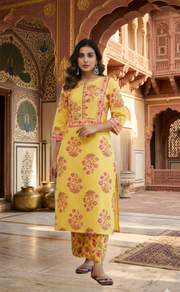 Yellow Floral 2 Piece set Jaipur Cotton Kurti With Palazzo set . Pure Versatile Cotton. | Laces and Frills - Laces and Frills