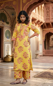 Yellow Floral 2 Piece set Jaipur Cotton Kurti With Palazzo set . Pure Versatile Cotton. | Laces and Frills - Laces and Frills