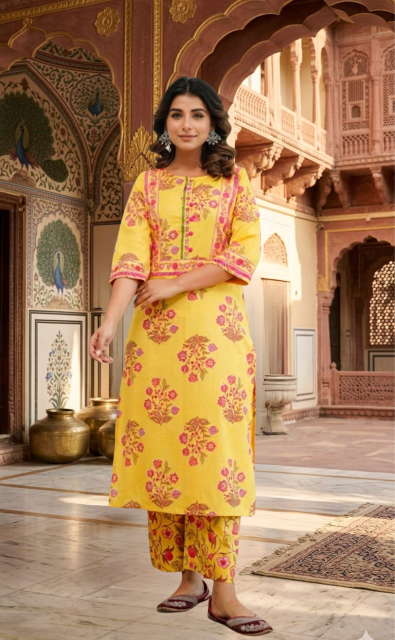 Yellow Floral 2 Piece set Jaipur Cotton Kurti With Palazzo set . Pure Versatile Cotton. | Laces and Frills - Laces and Frills