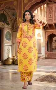 Yellow Floral 2 Piece set Jaipur Cotton Kurti With Palazzo set . Pure Versatile Cotton. | Laces and Frills - Laces and Frills