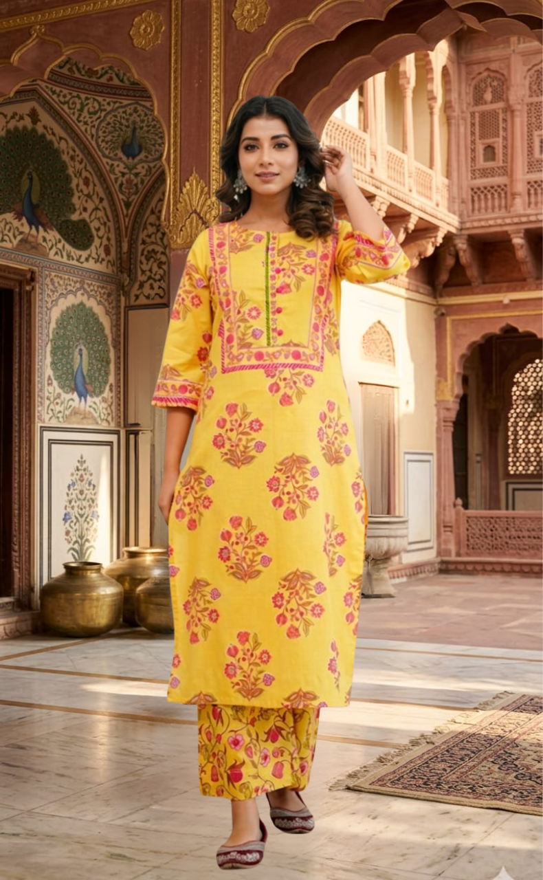 Yellow Floral 2 Piece set Jaipur Cotton Kurti With Palazzo set . Pure Versatile Cotton. | Laces and Frills - Laces and Frills