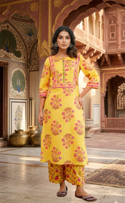 Yellow Floral 2 Piece set Jaipur Cotton Kurti With Palazzo set . Pure Versatile Cotton. | Laces and Frills - Laces and Frills