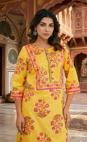 Yellow Floral 2 Piece set Jaipur Cotton Kurti With Palazzo set . Pure Versatile Cotton. | Laces and Frills - Laces and Frills