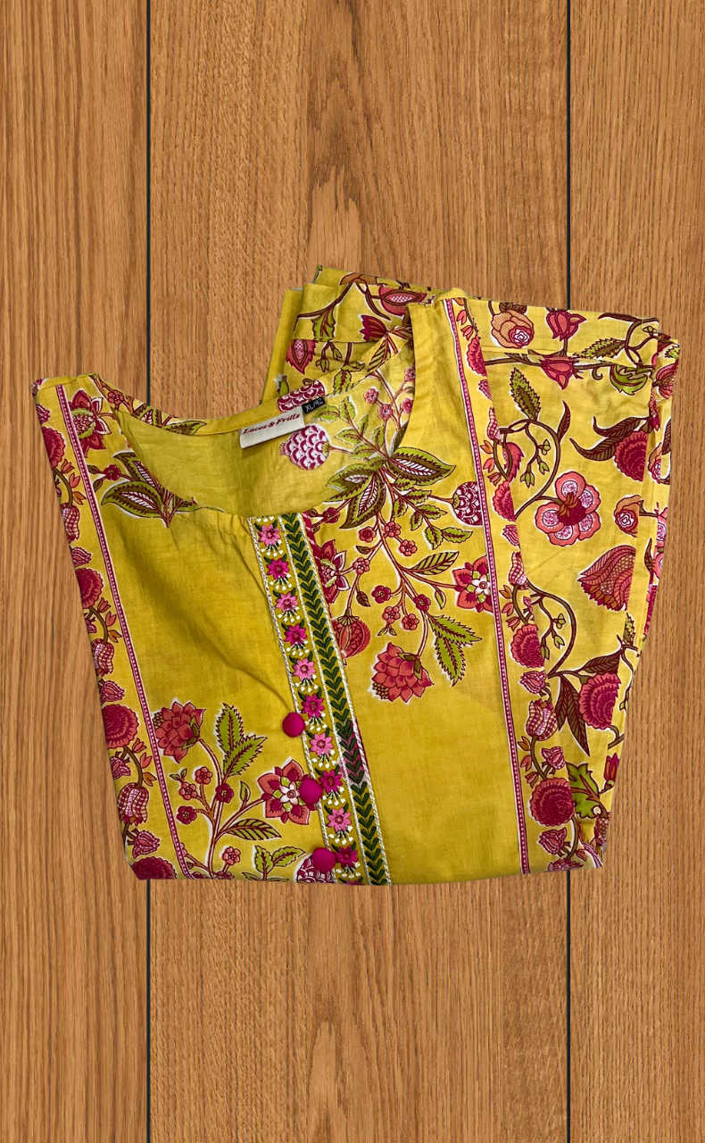 Yellow Floral 2 Piece set Jaipur Cotton Kurti With Palazzo set . Pure Versatile Cotton. | Laces and Frills - Laces and Frills
