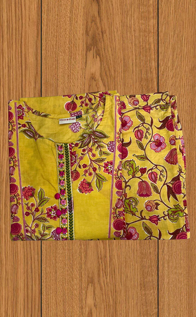 Yellow Floral 2 Piece set Jaipur Cotton Kurti With Palazzo set . Pure Versatile Cotton. | Laces and Frills - Laces and Frills