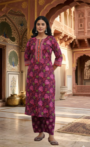 Dark Purple Garden 2 Piece set Jaipur Cotton Kurti With Palazzo set . Pure Versatile Cotton. | Laces and Frills - Laces and Frills