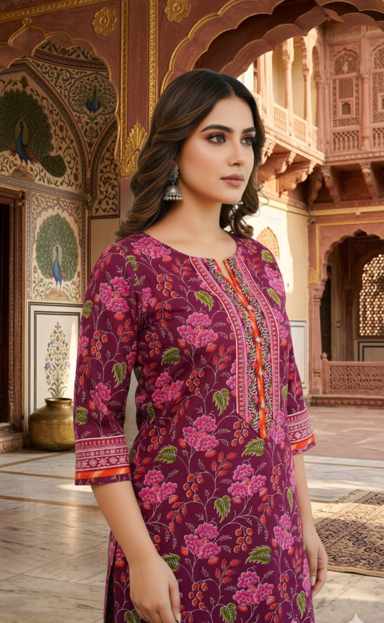 Dark Purple Garden 2 Piece set Jaipur Cotton Kurti With Palazzo set . Pure Versatile Cotton. | Laces and Frills - Laces and Frills