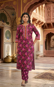 Dark Purple Garden 2 Piece set Jaipur Cotton Kurti With Palazzo set . Pure Versatile Cotton. | Laces and Frills - Laces and Frills