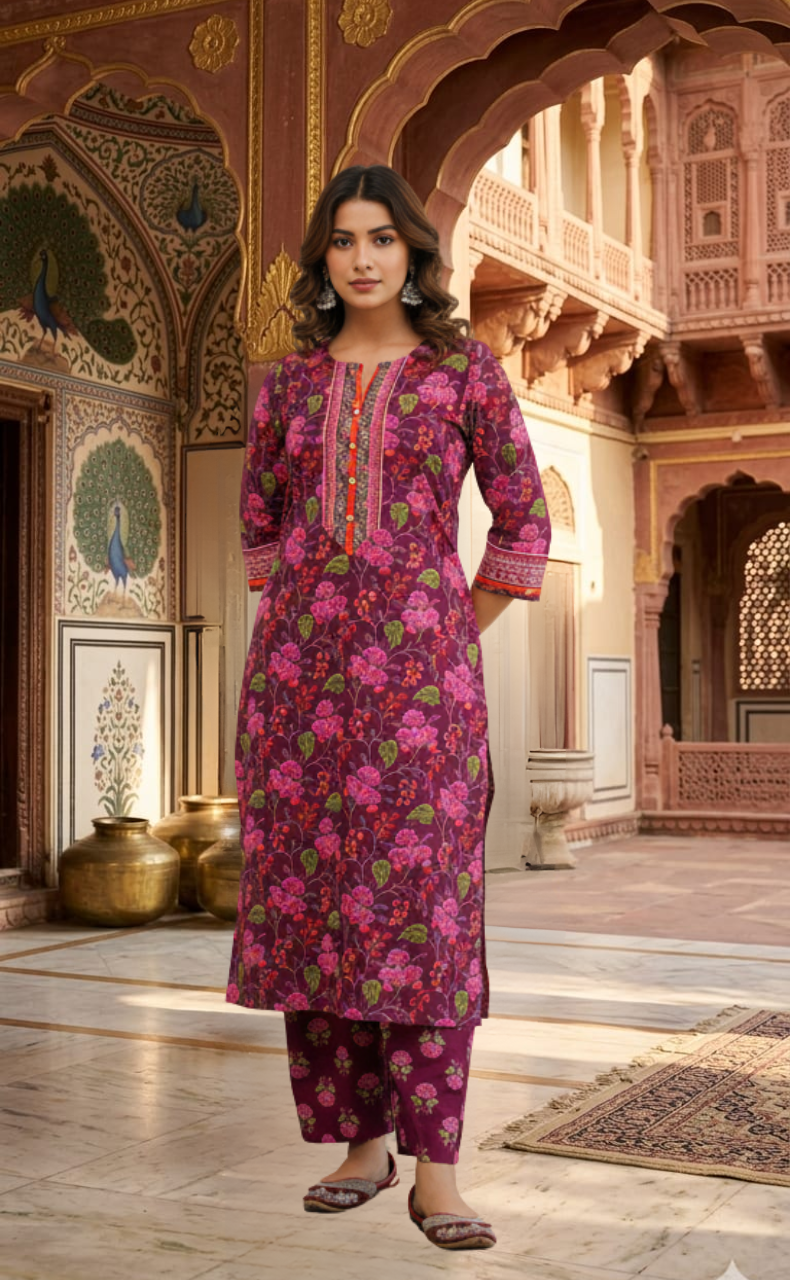 Dark Purple Garden 2 Piece set Jaipur Cotton Kurti With Palazzo set . Pure Versatile Cotton. | Laces and Frills - Laces and Frills