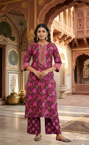 Dark Purple Garden 2 Piece set Jaipur Cotton Kurti With Palazzo set . Pure Versatile Cotton. | Laces and Frills - Laces and Frills