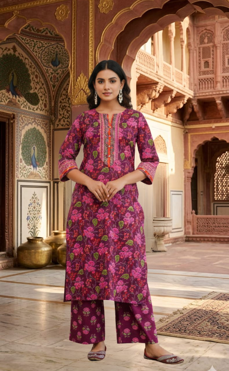 Dark Purple Garden 2 Piece set Jaipur Cotton Kurti With Palazzo set . Pure Versatile Cotton. | Laces and Frills - Laces and Frills