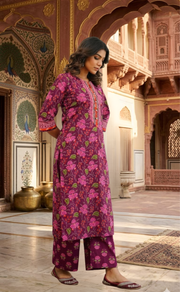 Dark Purple Garden 2 Piece set Jaipur Cotton Kurti With Palazzo set . Pure Versatile Cotton. | Laces and Frills - Laces and Frills