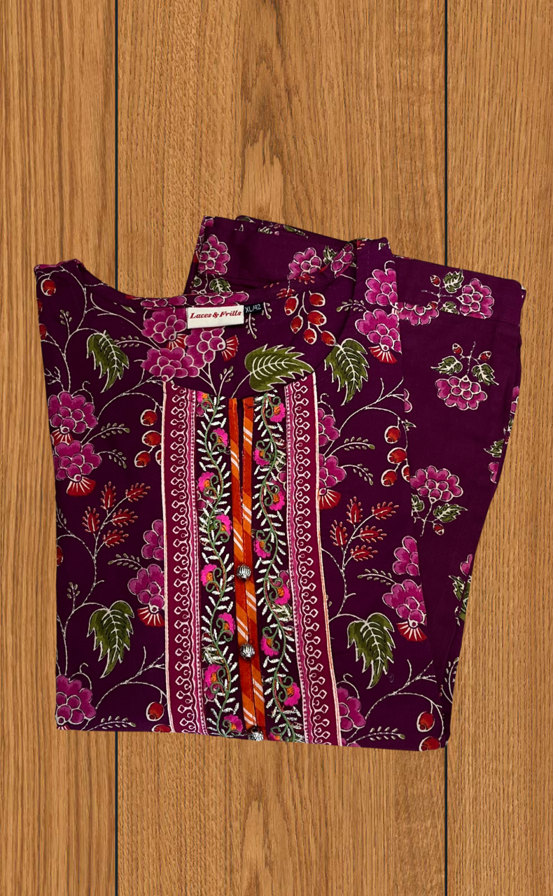 Dark Purple Garden 2 Piece set Jaipur Cotton Kurti With Palazzo set . Pure Versatile Cotton. | Laces and Frills - Laces and Frills