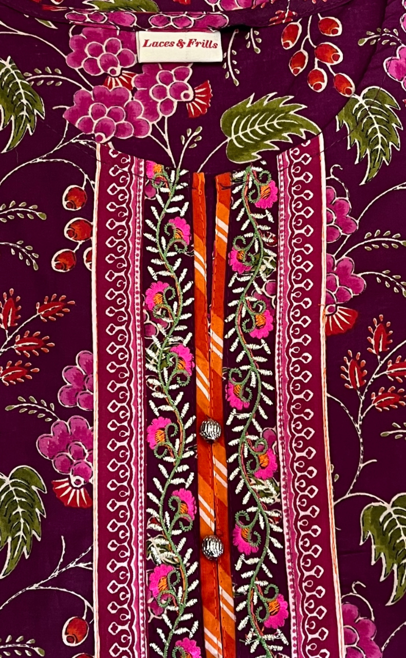 Dark Purple Garden 2 Piece set Jaipur Cotton Kurti With Palazzo set . Pure Versatile Cotton. | Laces and Frills - Laces and Frills