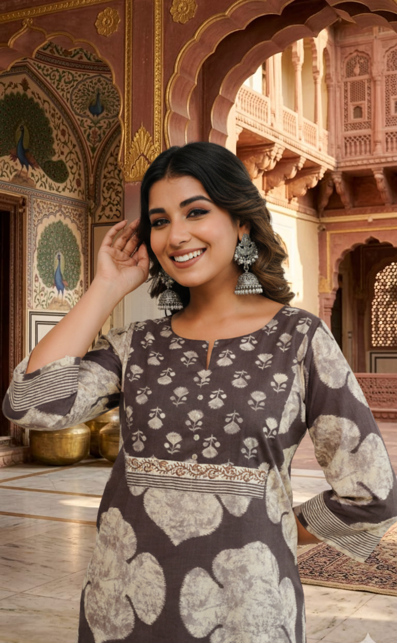 Brown Flora 2 Piece set Jaipur Cotton Kurti With Palazzo set . Pure Versatile Cotton. | Laces and Frills - Laces and Frills