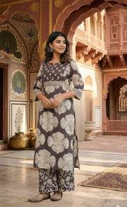 Brown Flora 2 Piece set Jaipur Cotton Kurti With Palazzo set . Pure Versatile Cotton. | Laces and Frills - Laces and Frills