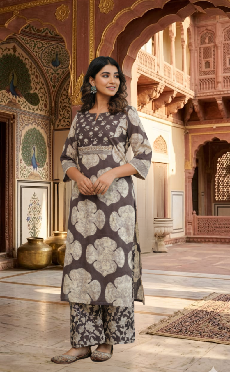 Brown Flora 2 Piece set Jaipur Cotton Kurti With Palazzo set . Pure Versatile Cotton. | Laces and Frills - Laces and Frills