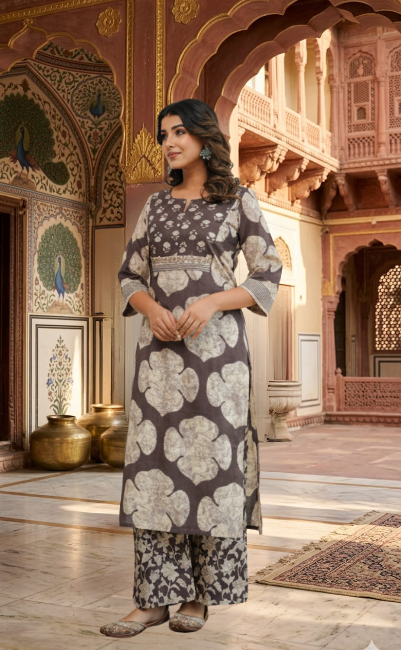 Brown Flora 2 Piece set Jaipur Cotton Kurti With Palazzo set . Pure Versatile Cotton. | Laces and Frills - Laces and Frills