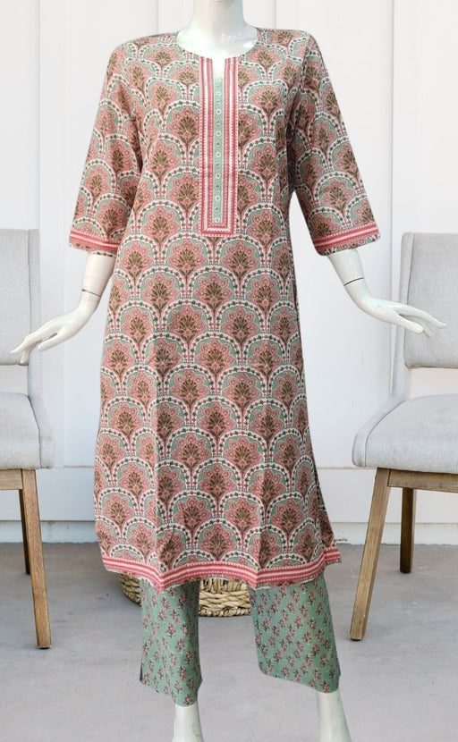 Pista Green/Peach Floral Kurti With Pant Set.Pure Versatile Cotton. | Laces and Frills - Laces and Frills