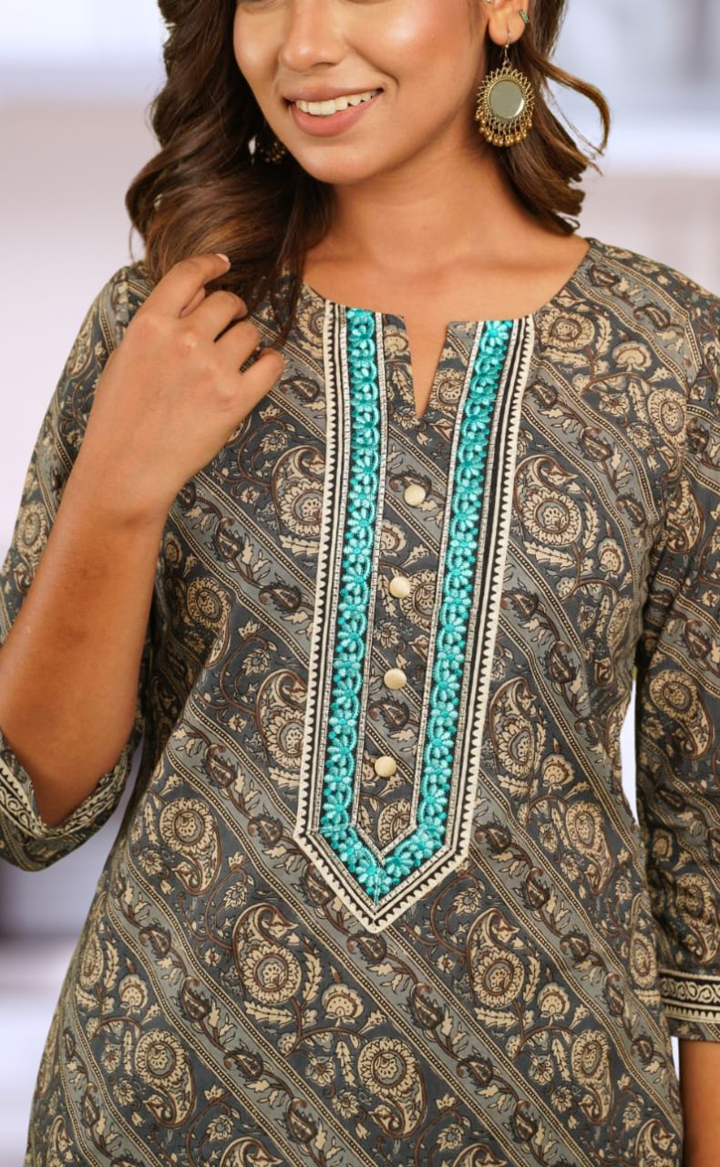 Grey Floral Motif Kurti With Pant Set.Pure Versatile Cotton. | Laces and Frills - Laces and Frills