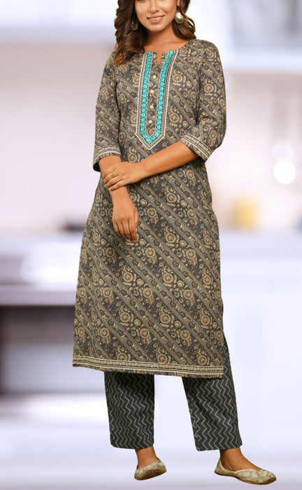 Grey Floral Motif Kurti With Pant Set.Pure Versatile Cotton. | Laces and Frills - Laces and Frills
