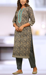 Grey Floral Motif Kurti With Pant Set.Pure Versatile Cotton. | Laces and Frills - Laces and Frills