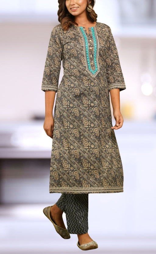 Grey Floral Motif Kurti With Pant Set.Pure Versatile Cotton. | Laces and Frills - Laces and Frills