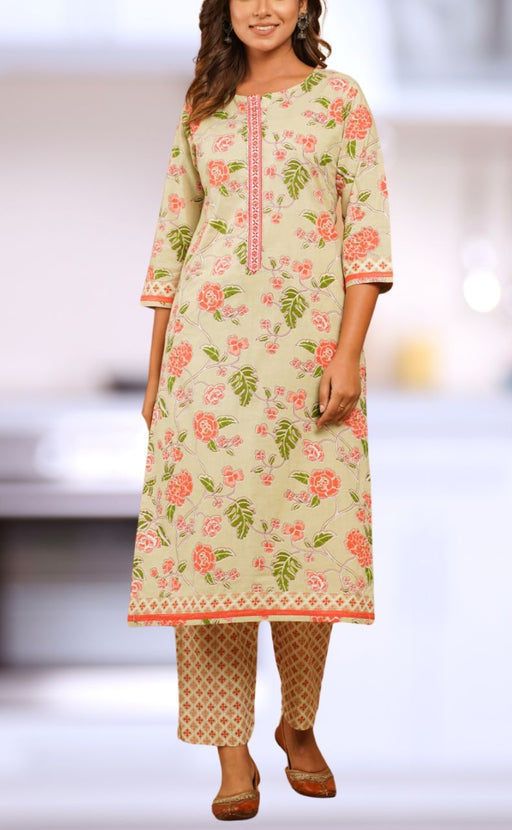 Pista Green Floral Kurti With Pant Set.Pure Versatile Cotton. | Laces and Frills - Laces and Frills
