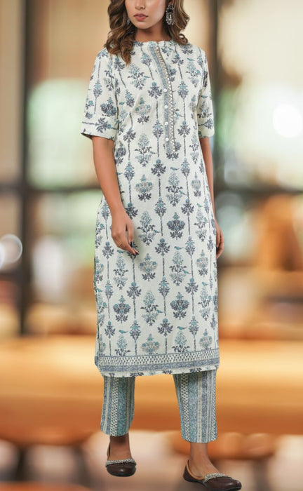 White/Grey Floral Kurti With Pant Set.Pure Versatile Cotton. | Laces and Frills - Laces and Frills