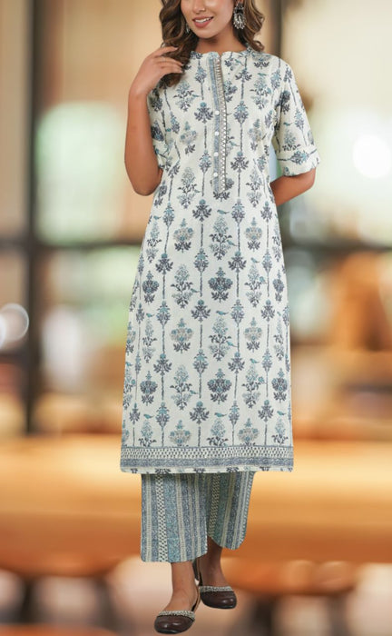 White/Grey Floral Kurti With Pant Set.Pure Versatile Cotton. | Laces and Frills - Laces and Frills