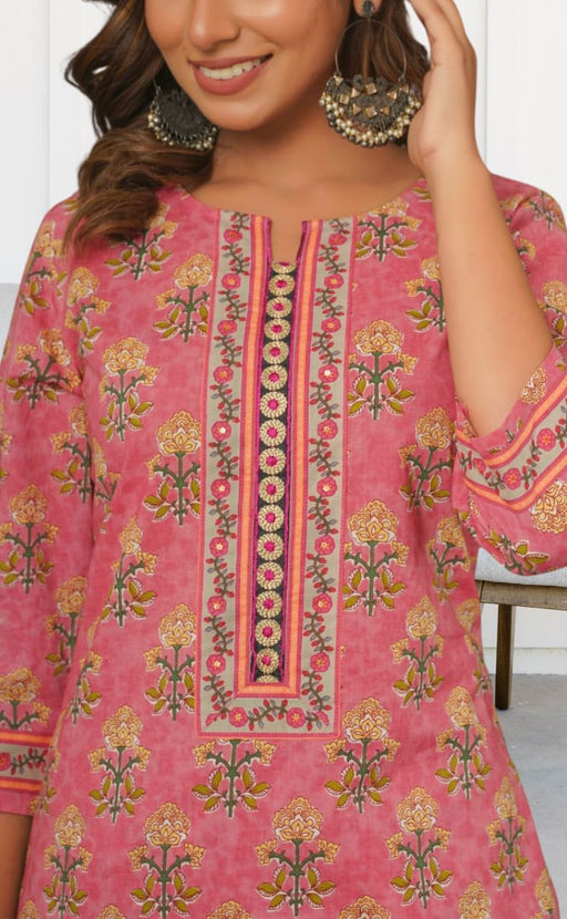Pink Floral Kurti With Pant Set.Pure Versatile Cotton. | Laces and Frills - Laces and Frills