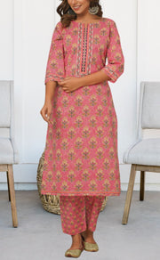 Pink Floral Kurti With Pant Set.Pure Versatile Cotton. | Laces and Frills - Laces and Frills