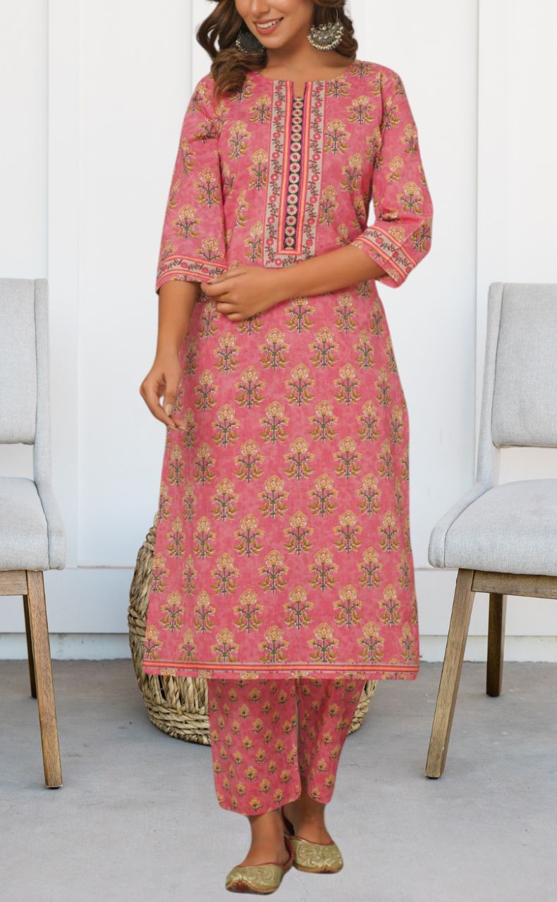 Pink Floral Kurti With Pant Set.Pure Versatile Cotton. | Laces and Frills - Laces and Frills