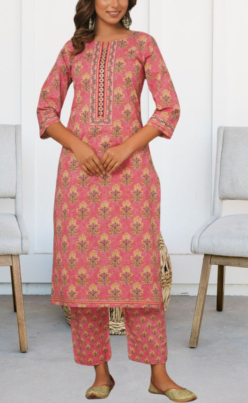 Pink Floral Kurti With Pant Set.Pure Versatile Cotton. | Laces and Frills - Laces and Frills