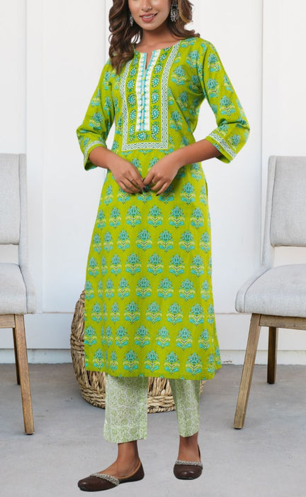 Green Floral Kurti With Pant Set.Pure Versatile Cotton. | Laces and Frills - Laces and Frills