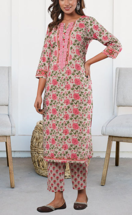 Beige/Pink Floral Kurti With Pant Set.Pure Versatile Cotton. | Laces and Frills - Laces and Frills