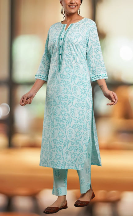 Sea Green Floral Kurti With Pant Set.Pure Versatile Cotton. | Laces and Frills - Laces and Frills