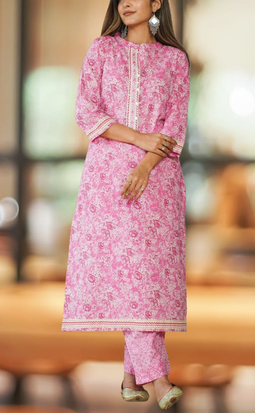 Pink Garden Kurti With Pant Set.Pure Versatile Cotton. | Laces and Frills - Laces and Frills