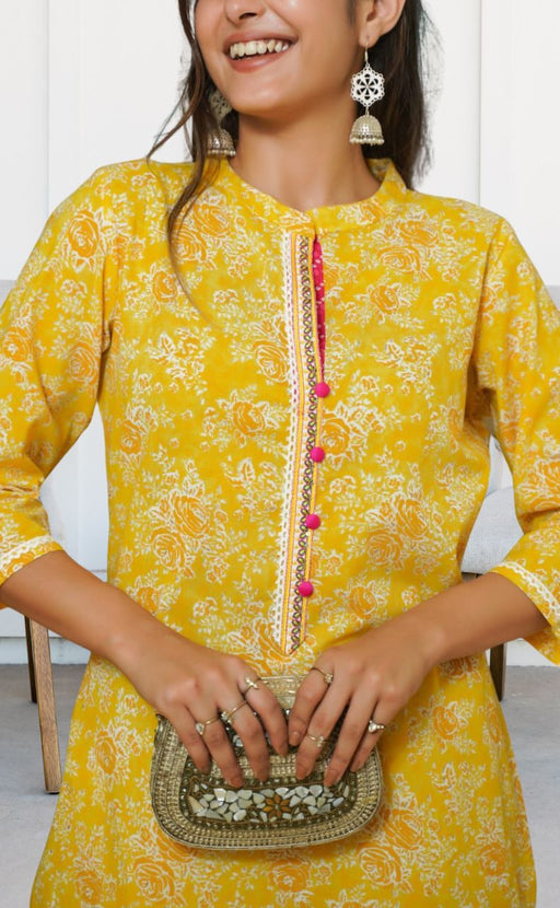 Yellow Garden Kurti With Pant Set.Pure Versatile Cotton. | Laces and Frills - Laces and Frills