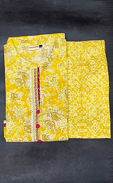 Yellow Garden Kurti With Pant Set.Pure Versatile Cotton. | Laces and Frills - Laces and Frills
