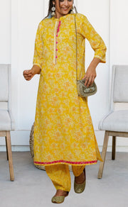 Yellow Garden Kurti With Pant Set.Pure Versatile Cotton. | Laces and Frills - Laces and Frills