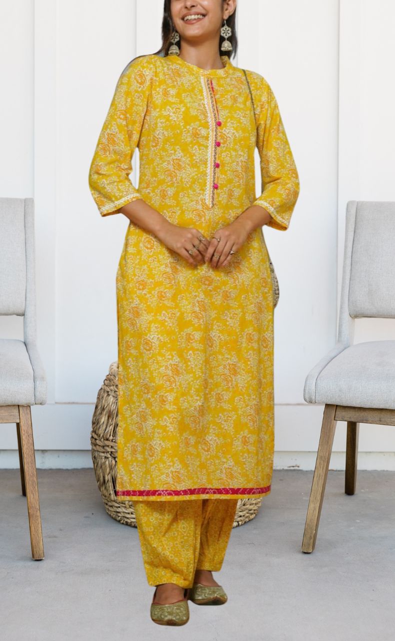 Yellow Garden Kurti With Pant Set.Pure Versatile Cotton. | Laces and Frills - Laces and Frills