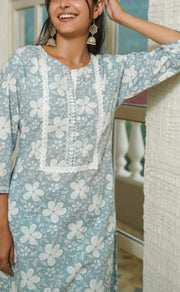 White/Light Ash Grey Floral Kurti With Pant Set.Pure Versatile Cotton. | Laces and Frills - Laces and Frills