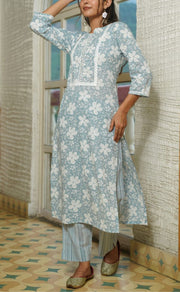 White/Light Ash Grey Floral Kurti With Pant Set.Pure Versatile Cotton. | Laces and Frills - Laces and Frills
