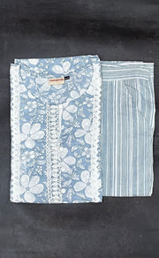 White/Light Ash Grey Floral Kurti With Pant Set.Pure Versatile Cotton. | Laces and Frills - Laces and Frills
