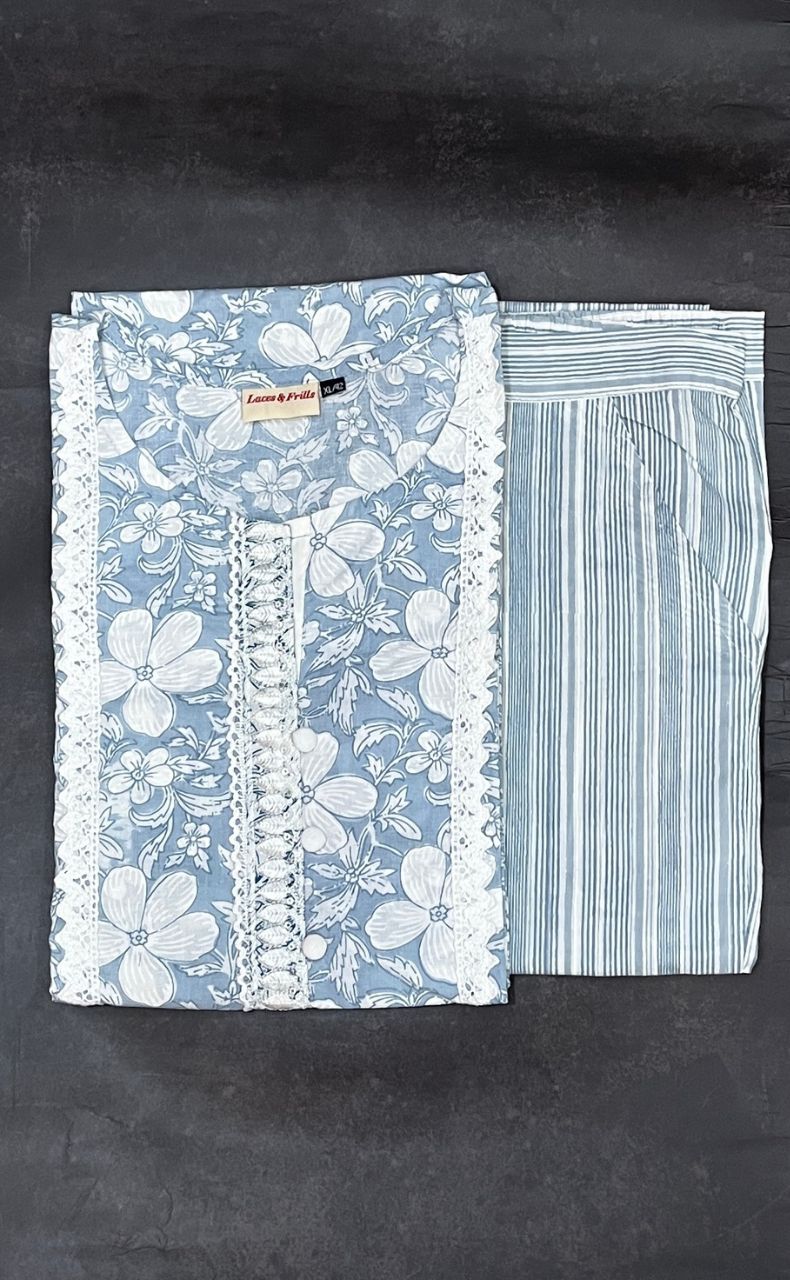 White/Light Ash Grey Floral Kurti With Pant Set.Pure Versatile Cotton. | Laces and Frills - Laces and Frills